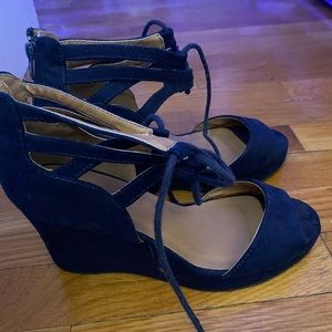 Barely worn strappy blue sandal wedges